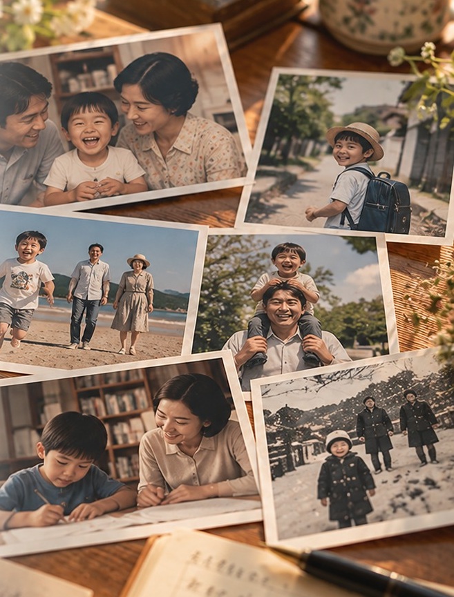 子どもの頃の家族写真が並ぶアルバム