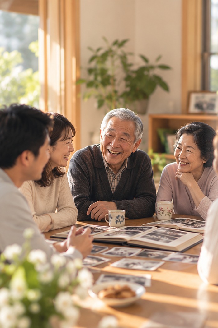 テーブルを囲み、写真を見ながら自然に談笑する家族