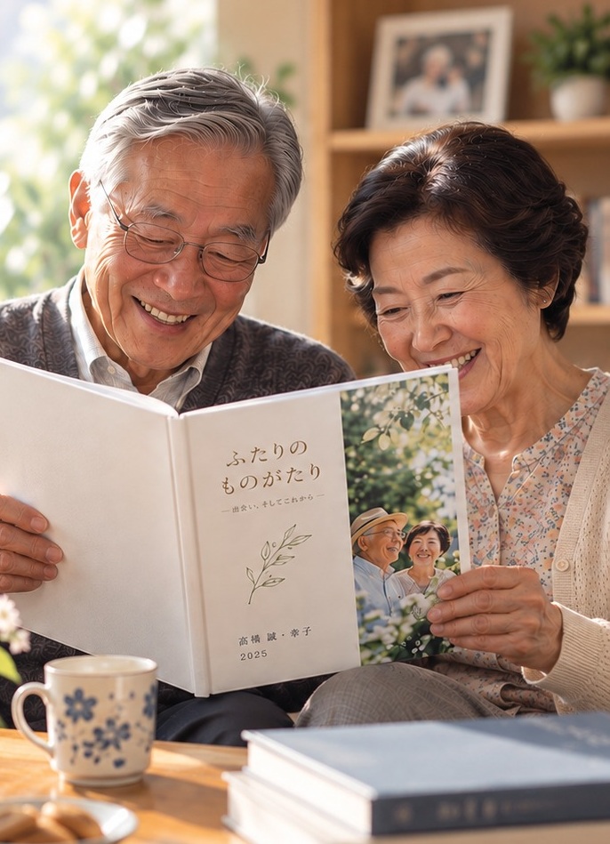 完成した本を二人で手に取り、笑顔で読む夫婦