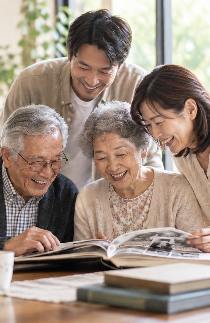 父と母、成人した子どもがアルバムを囲んで笑顔を交わす家族