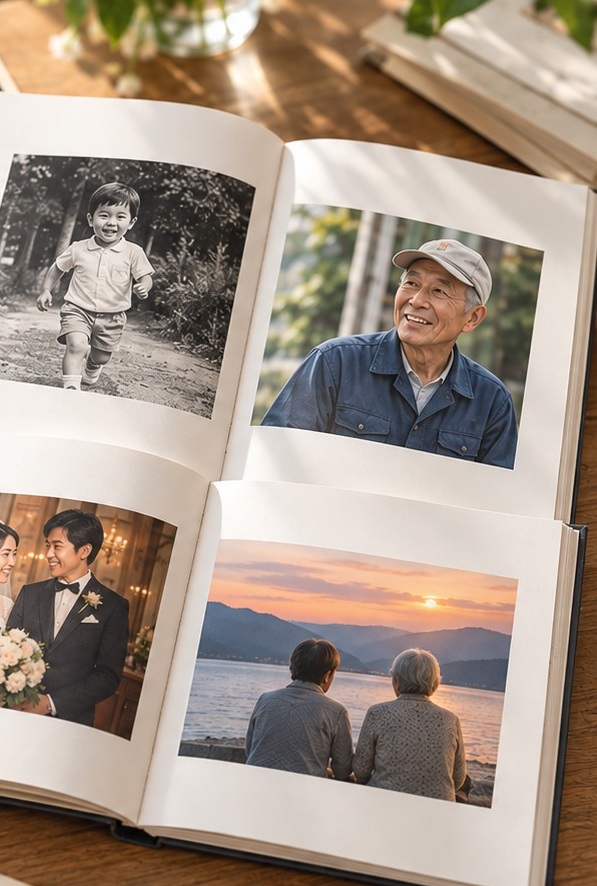 幼少期、仕事、結婚、夫婦の時間を写真でたどる本の見開き