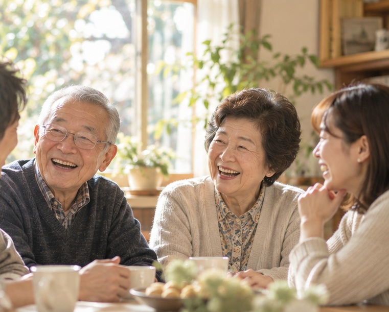 父、母、成人した子どもがテーブルを囲み、笑顔で語り合う家族